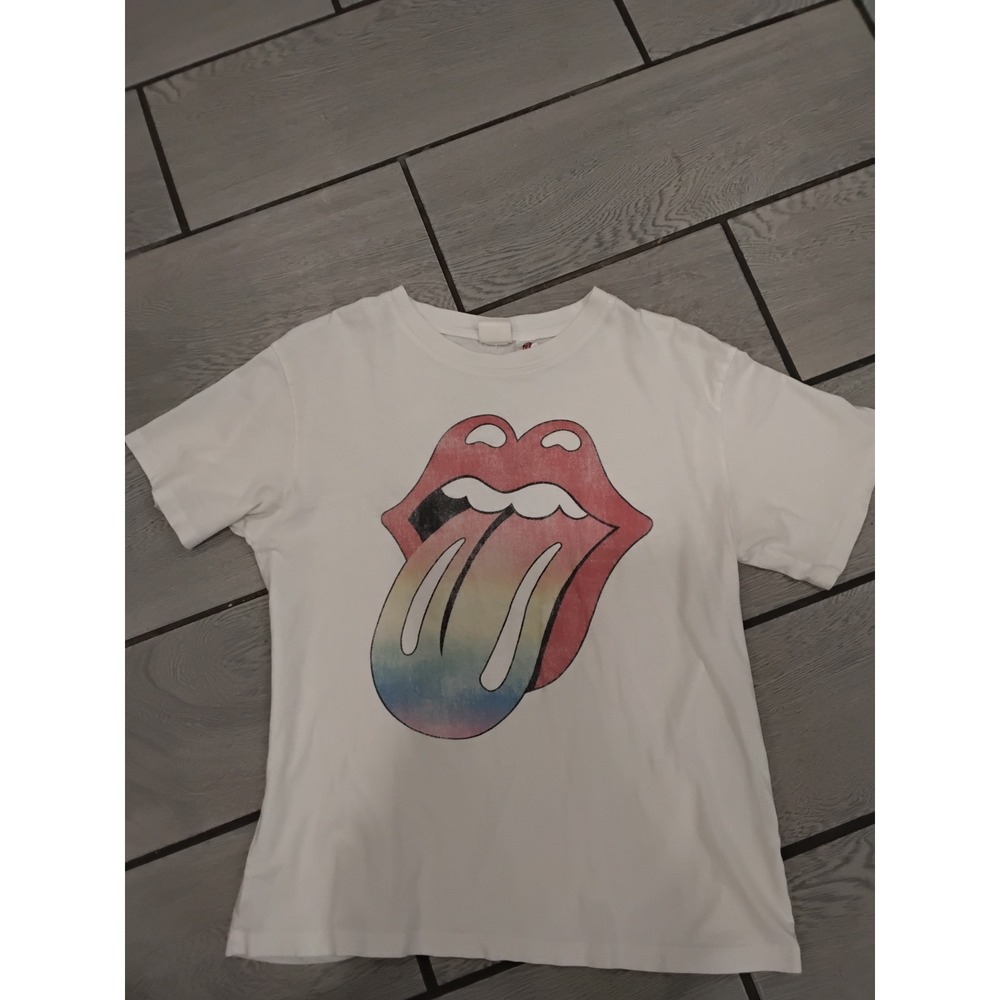 HM Rolling Stones Rainbow Tongue Graphic T-Shirt White L.O.G.G. Womens Small